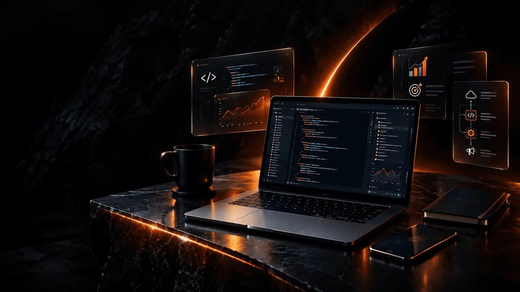 AriaNovin workspace — laptop, holographic panels, and orange rim light